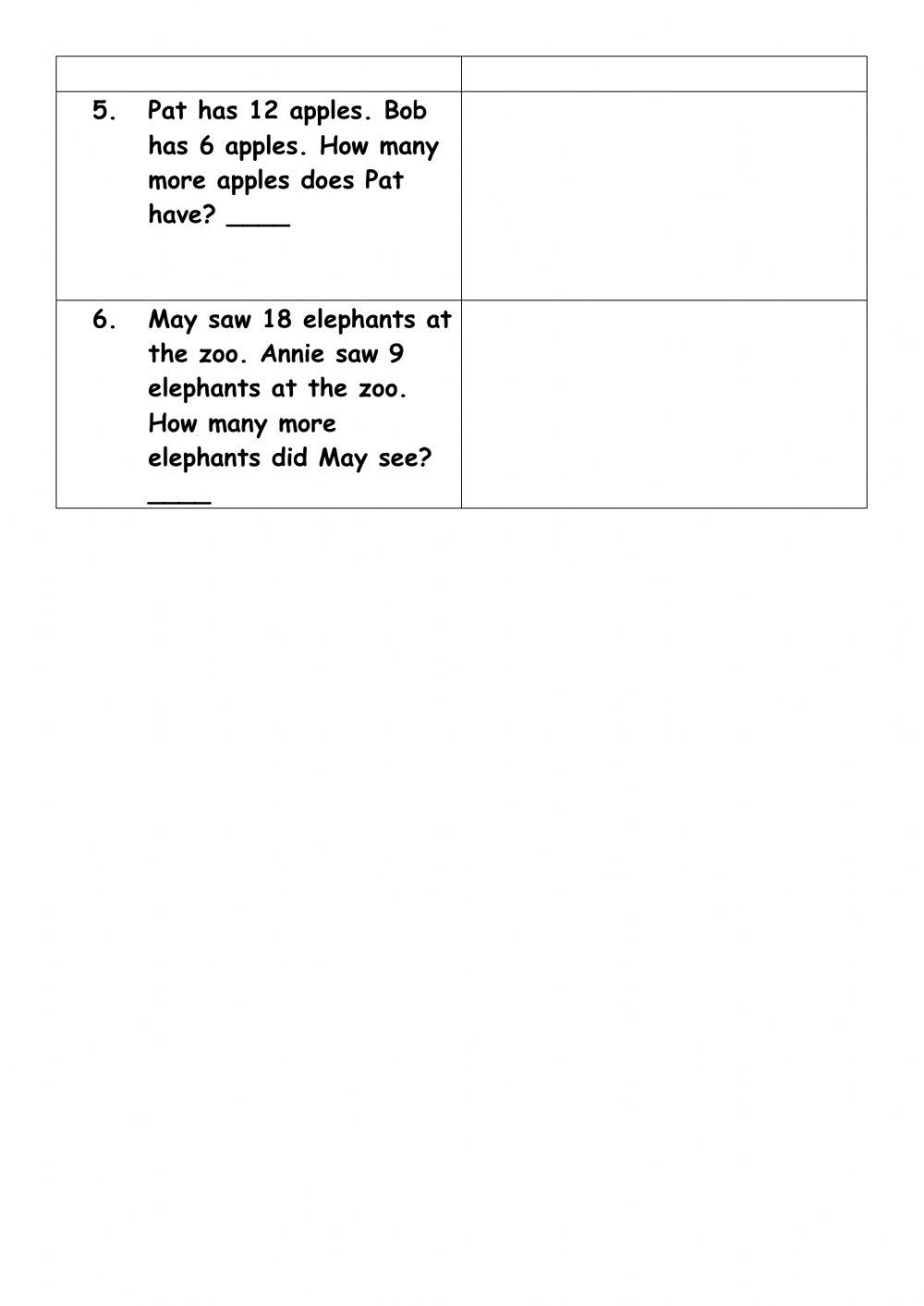 Mathematics word Problems Subtraction facts to 20 Classwork