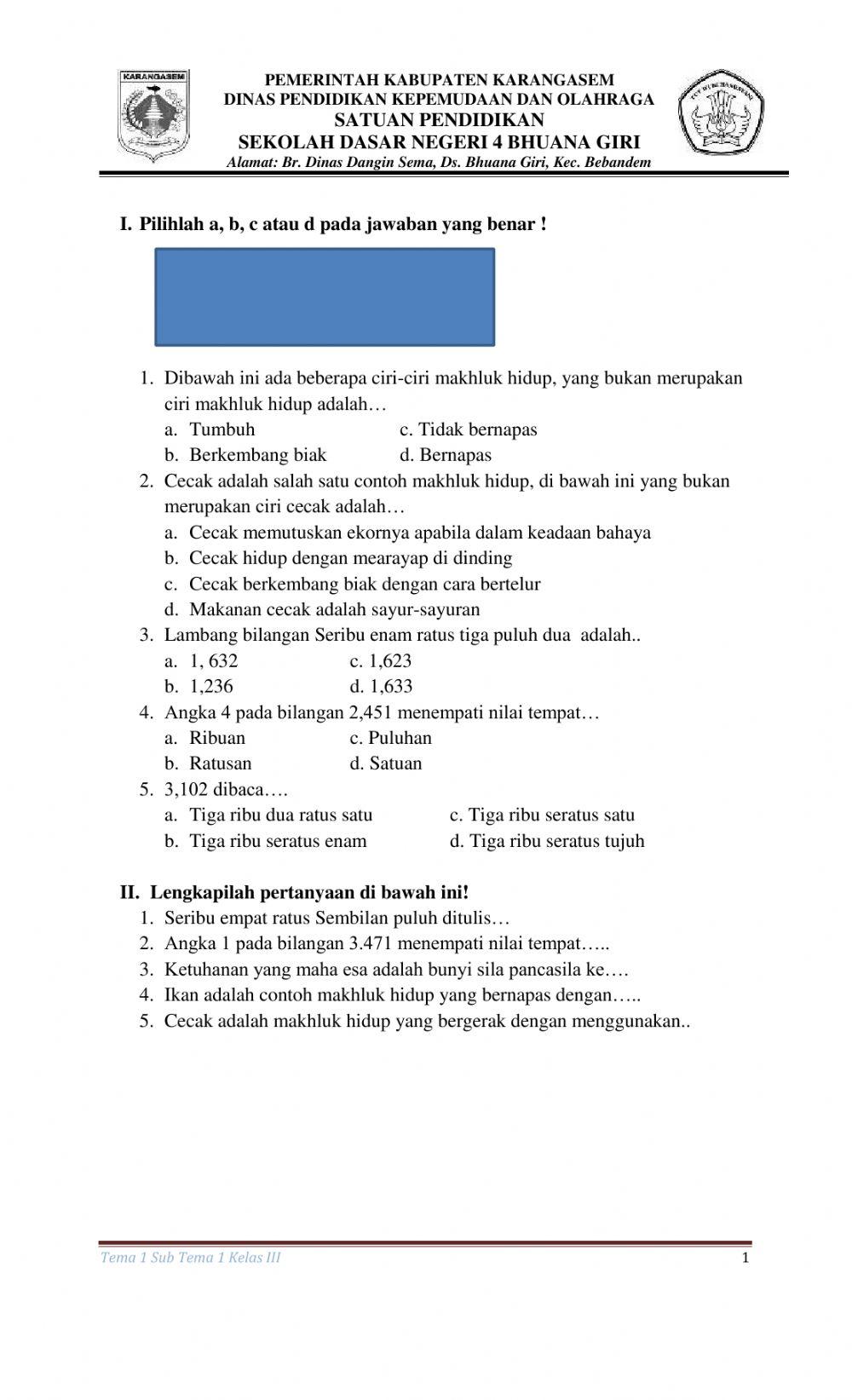 Latihan soal tema 1 sub tema 1 pb 1