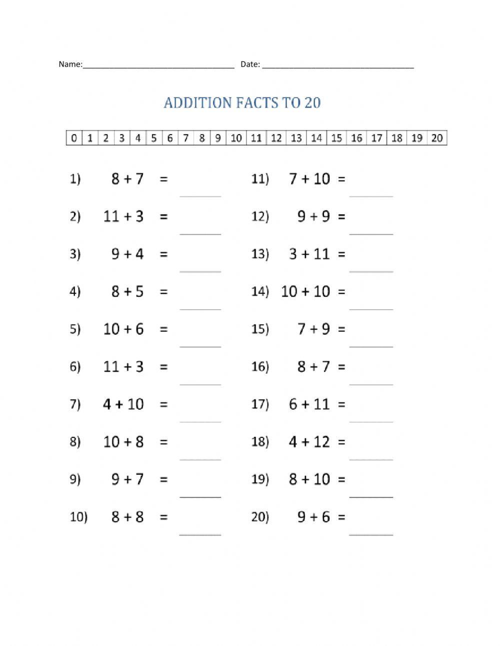 Addition facts to 20