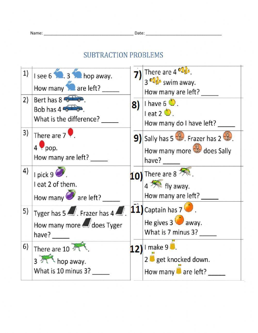 Subtraction Word-Picture Problems worksheet | Live Worksheets