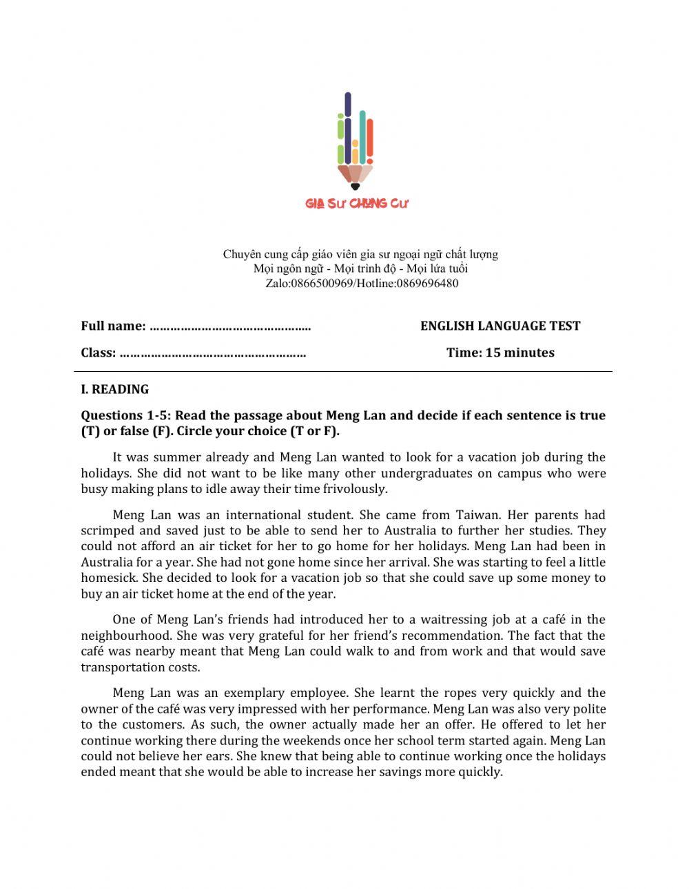 Lớp 11 - Kiểm tra 15 phút - Kỹ năng Đọc + Từ vựng số 1