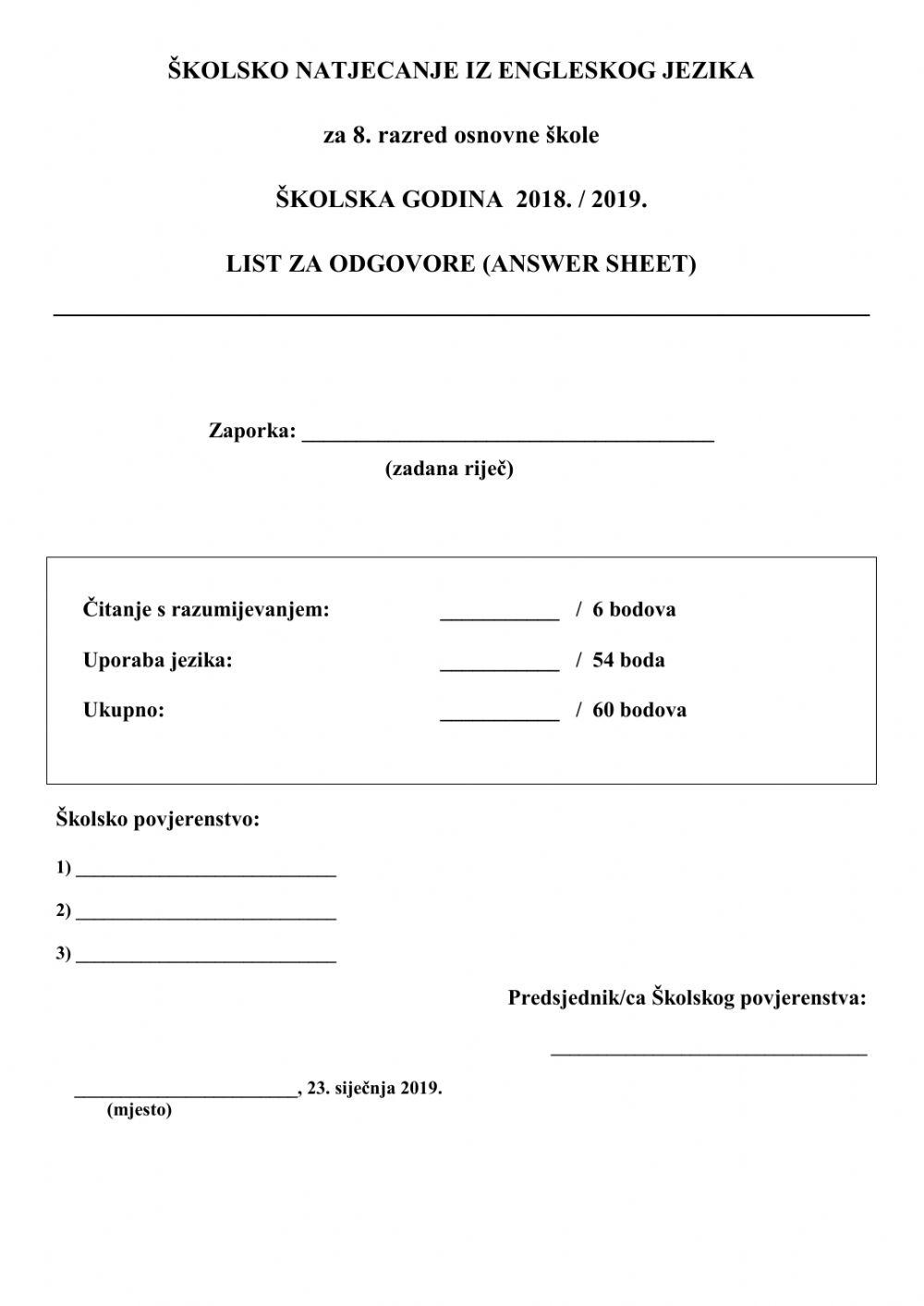 Answer sheet skolsko 2018 2019