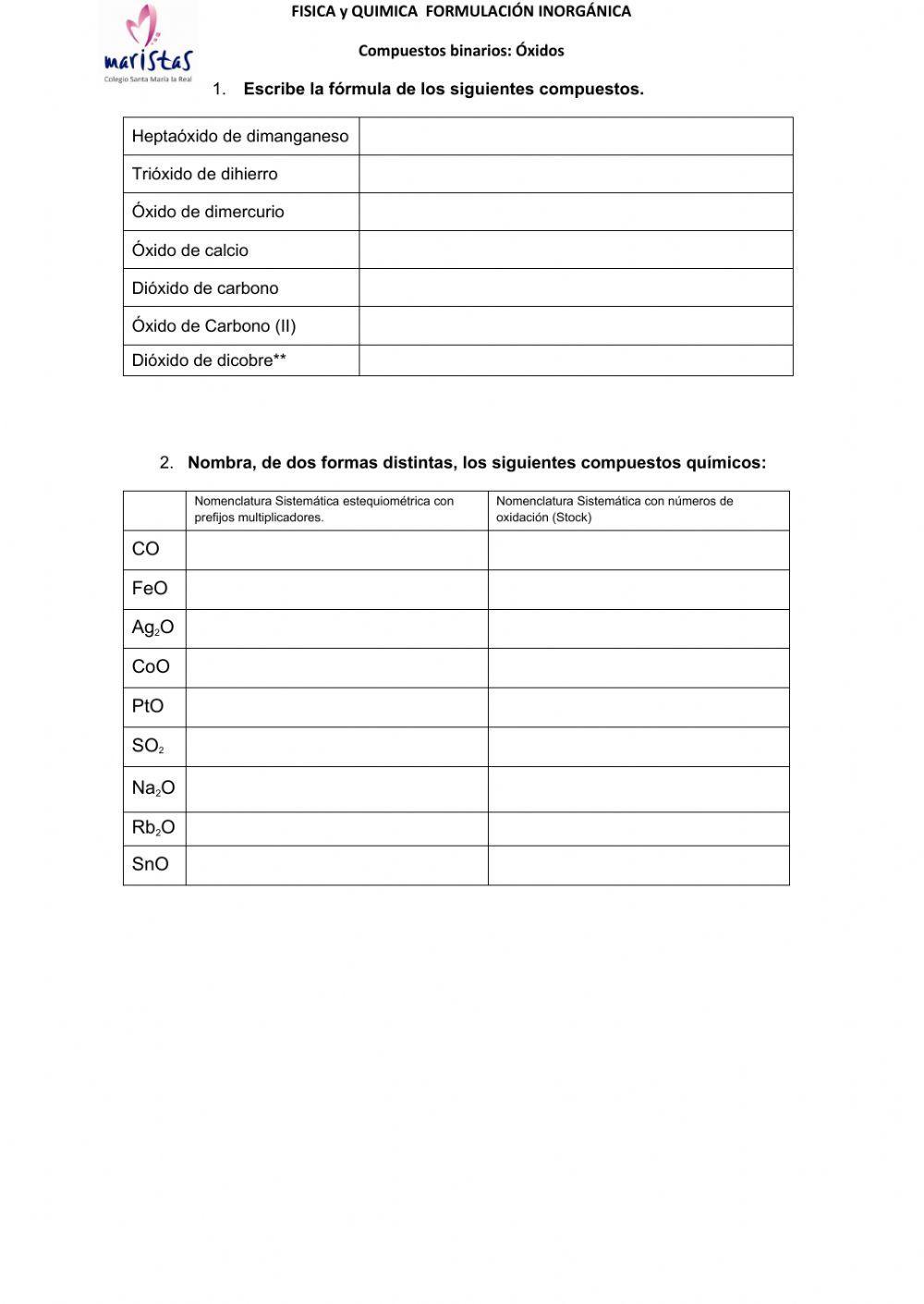 Ejercicio Formulación inorgánica: Compuestos Binarios: Oxidos