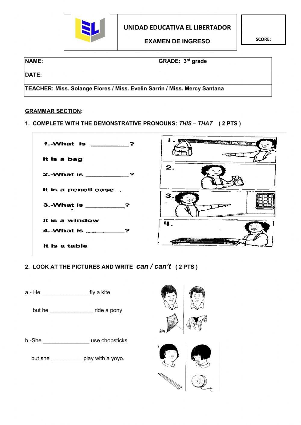 Examen de admisión. 3rd grade.