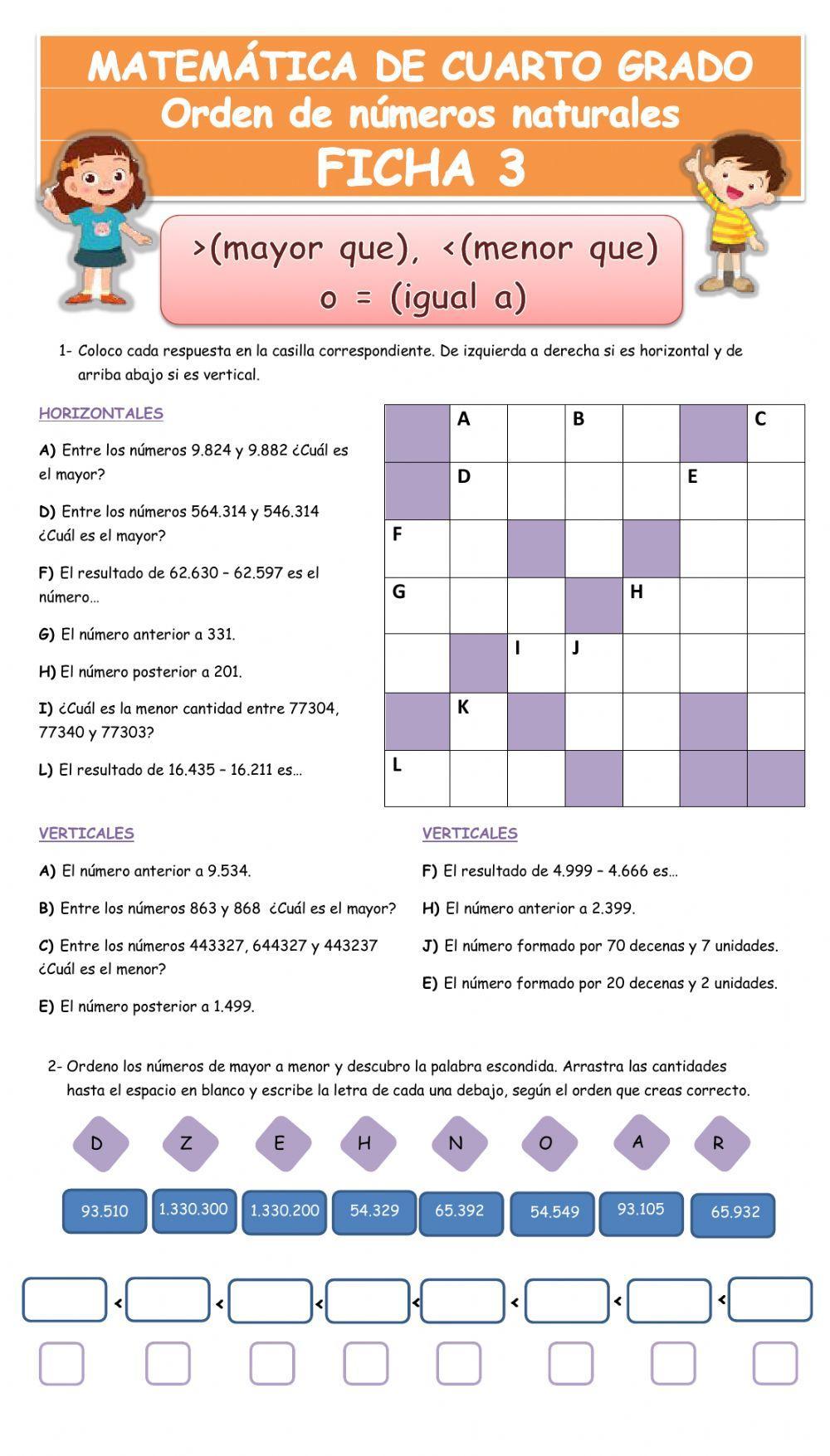 Orden de números naturales - mayor que, - menor que o - igual