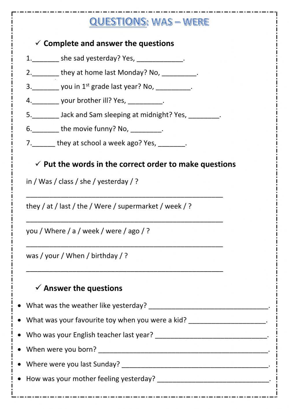 5th Grade Test Unit 7 - Was and Were Questions worksheet | Live Worksheets