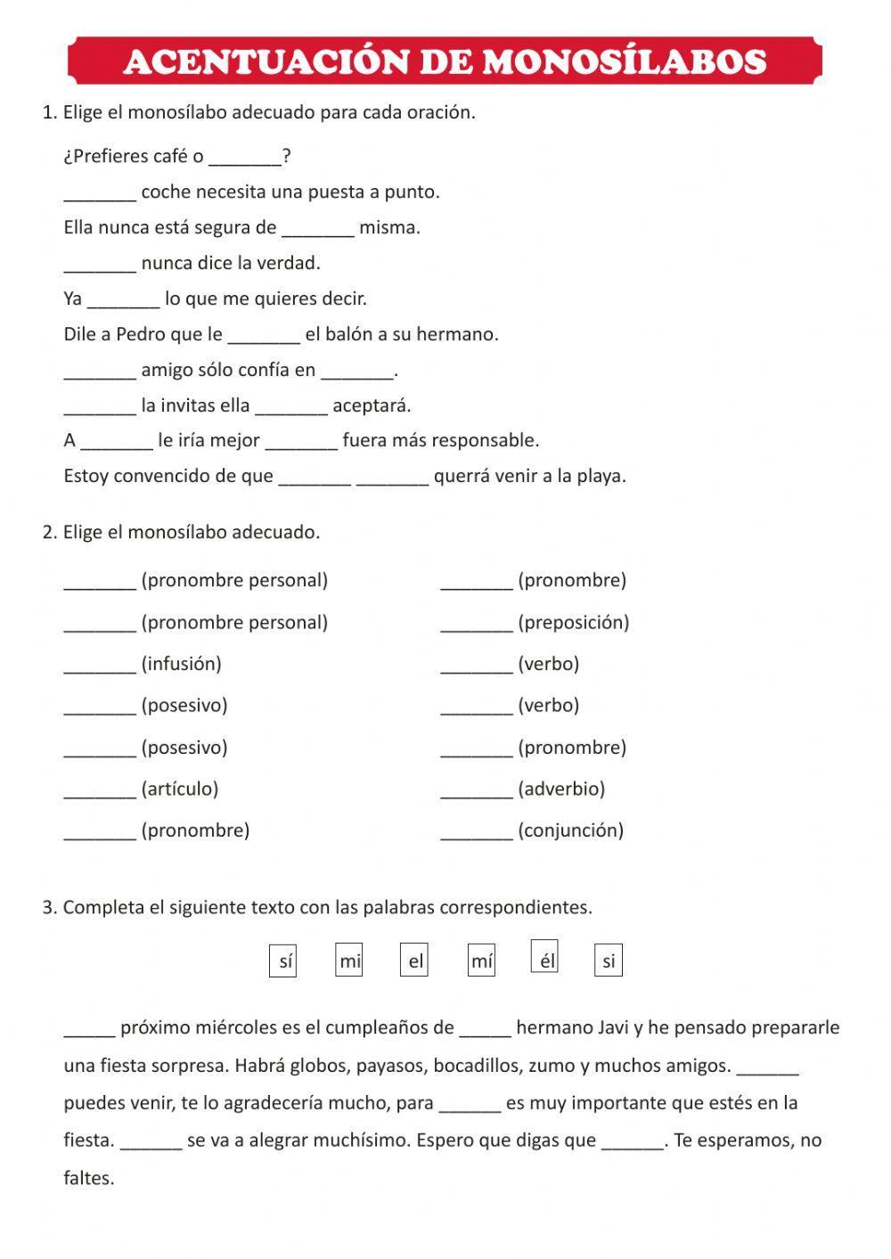 Acentuación de monosílabos interactive worksheet | Live Worksheets