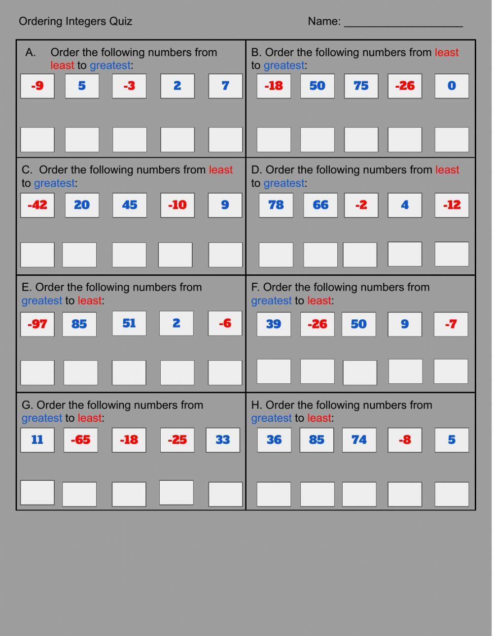 Ordering Integers Quiz Ordering Integers Quiz