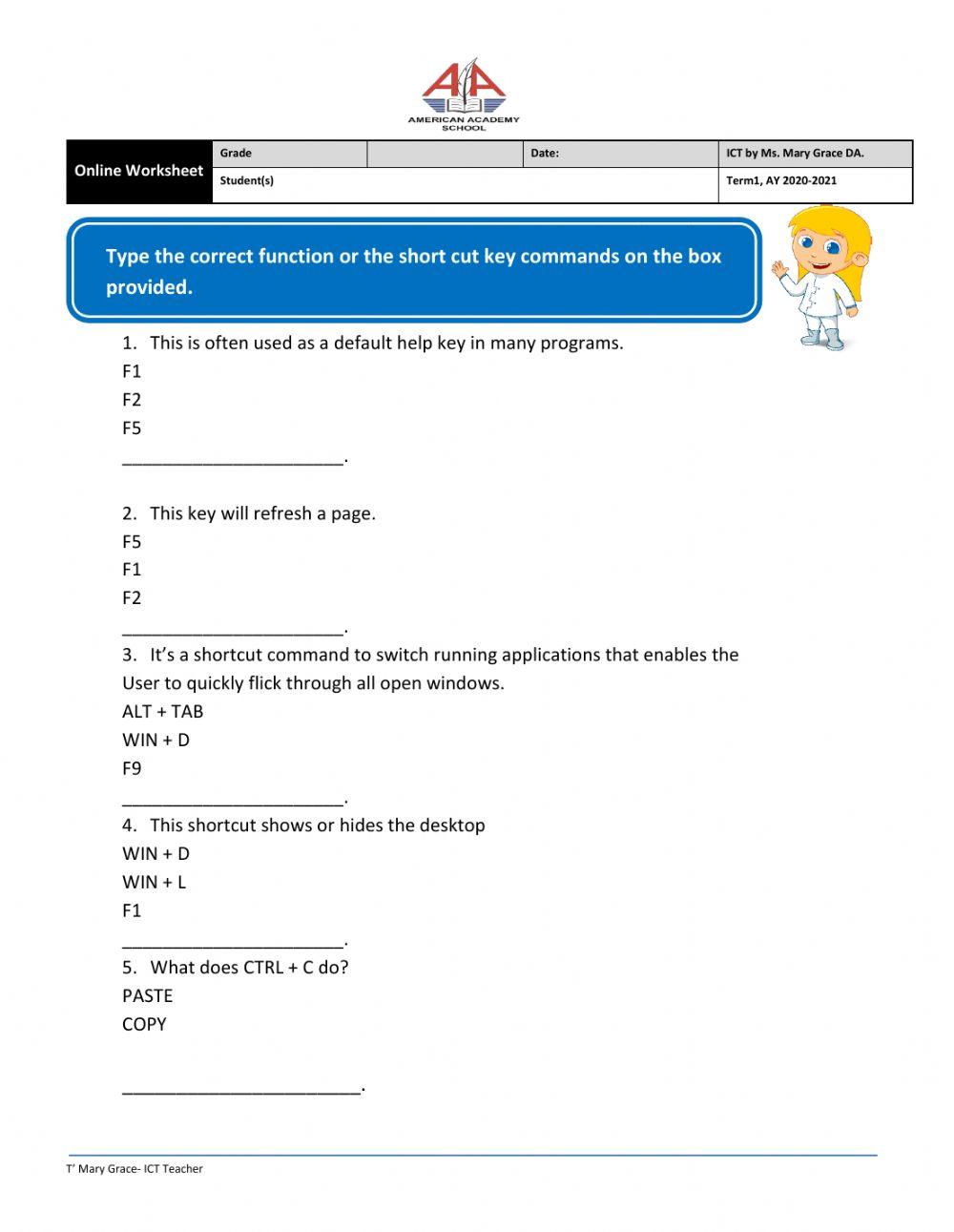Windows shortcut key commands worksheet live worksheets