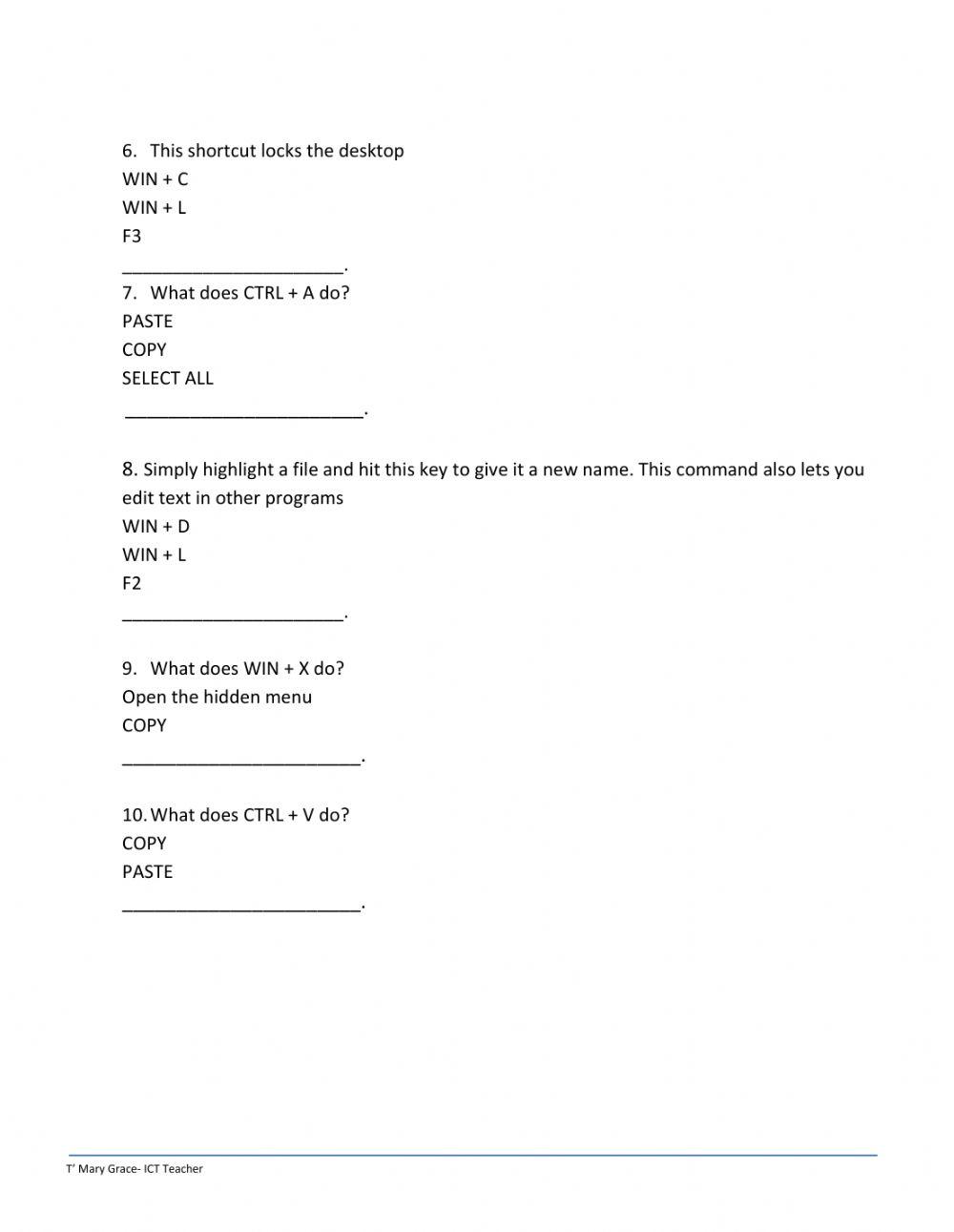Windows shortcut key commands worksheet live worksheets