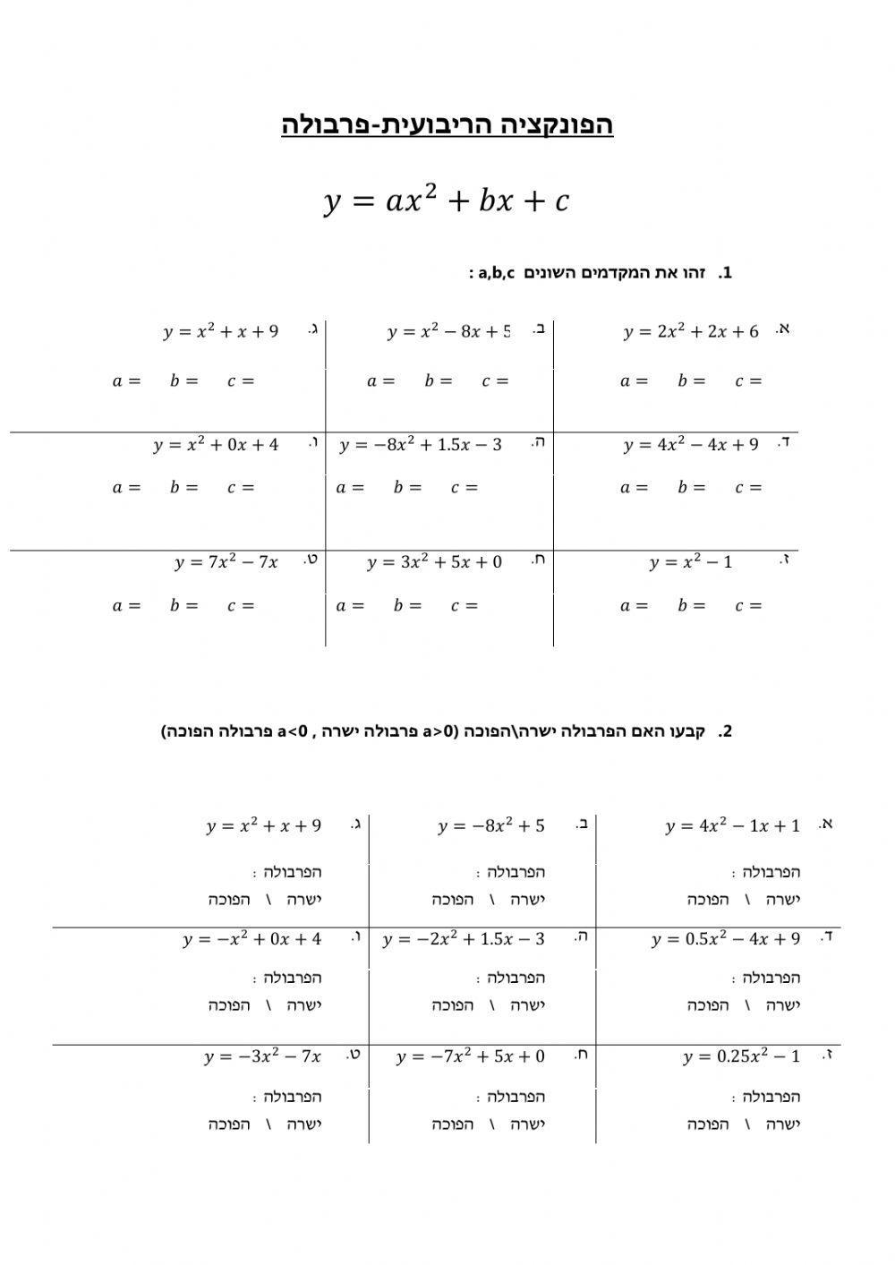 משוואה ריבועית - זיהוי מקדמים+פרבולה הפוכה-ישרה