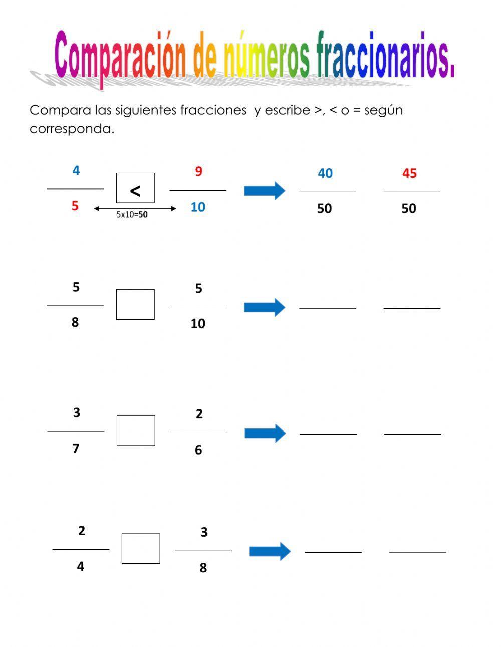 Comparación de números fraccionarios.