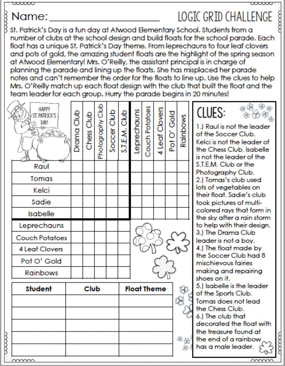 St Patrick Logic Puzzle online exercise for | Live Worksheets