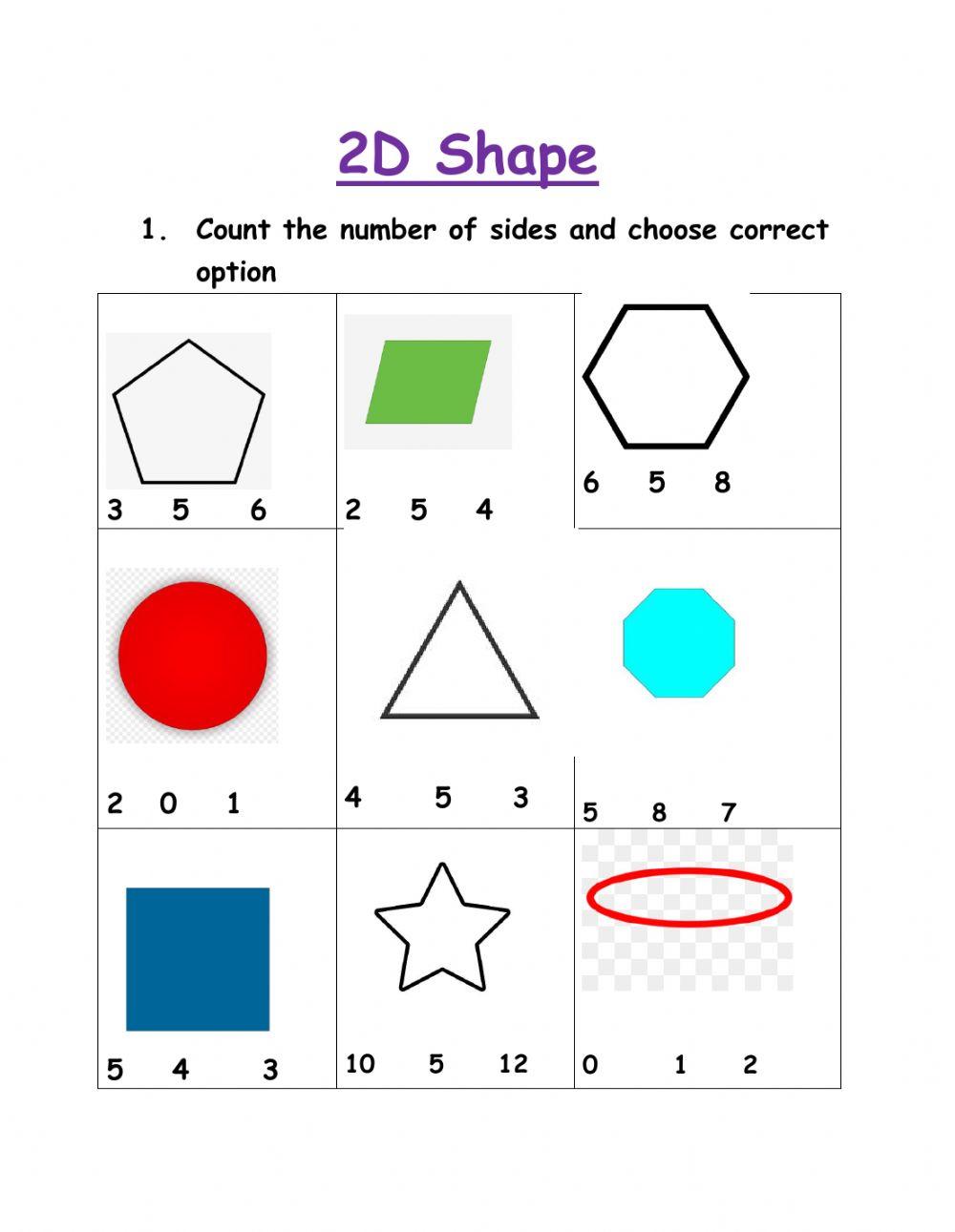 2D shapes exercise for 3 Live Worksheets