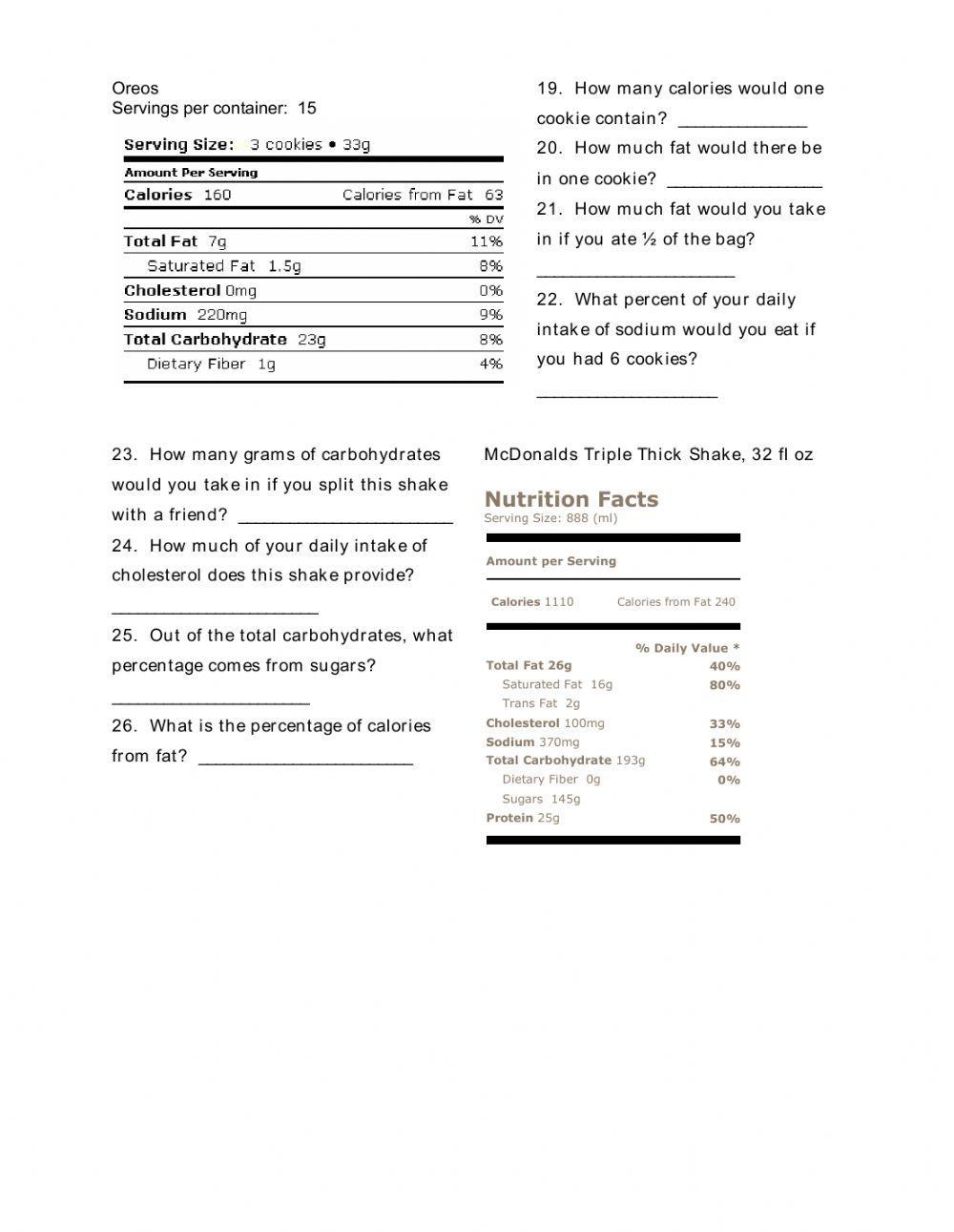 Food Labels Worksheet Live Worksheets