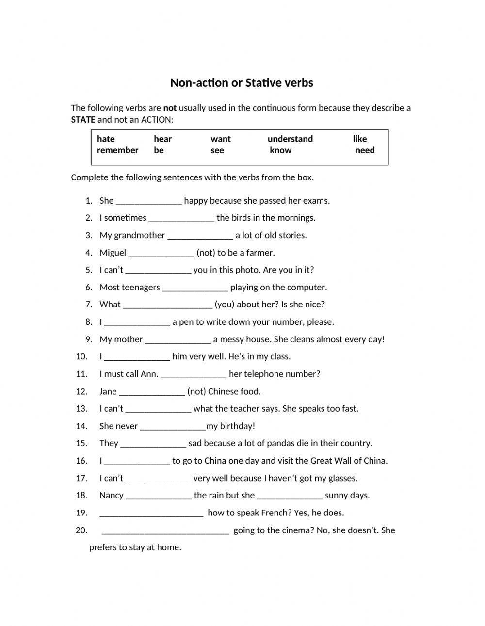 State Action Verbs Multiple Choice Cloze