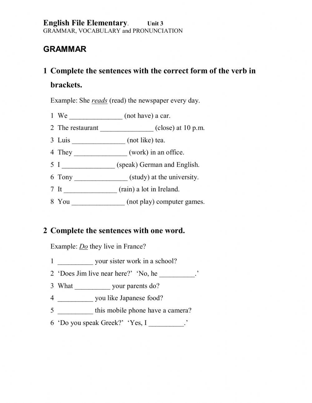English File Elementary Unit 3 Grammar,vocabulary and pronunciation