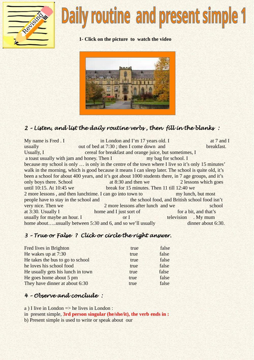 Daily Routine Present Simple Worksheet Pdf