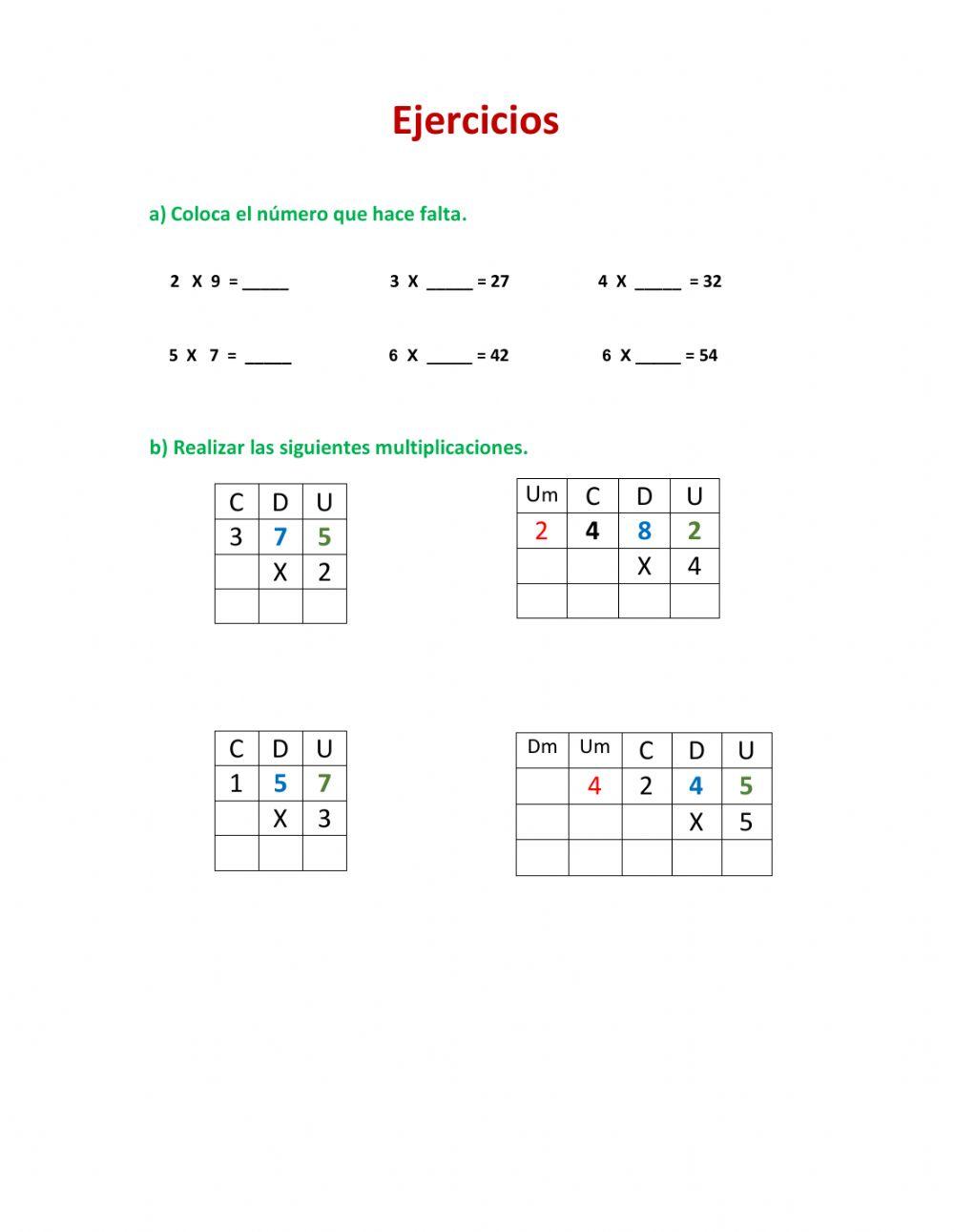 Ejercicios de Multiplicaciones