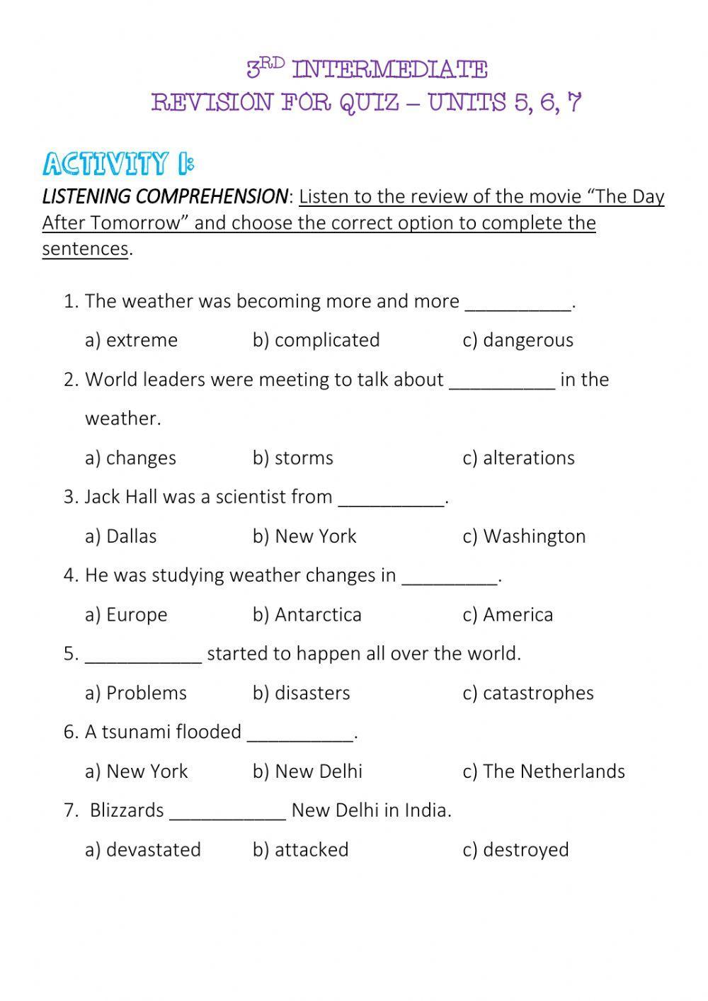 3rd Intermediate-Revision for Quiz (Units 5, 6, 7) 2020