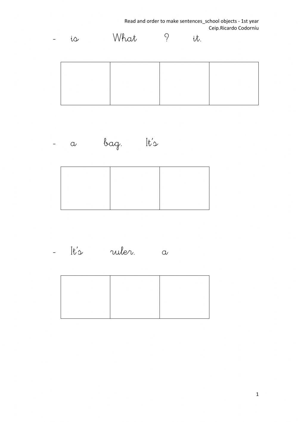 Read and order to make sentences-school objects