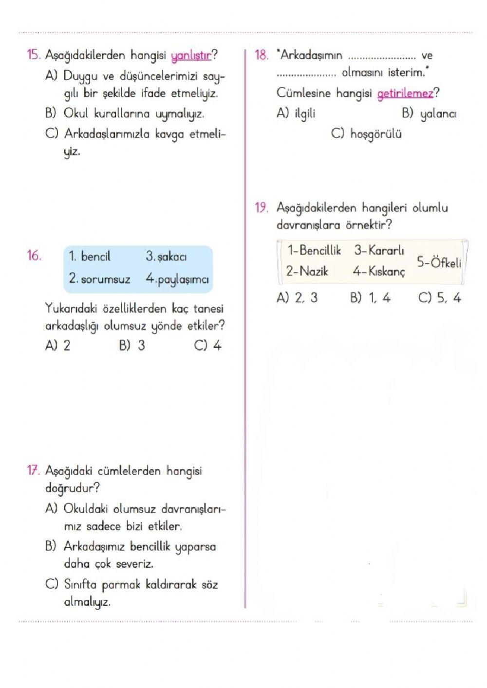 3. sınıf türkçe matematik fen hayat bilgisi test