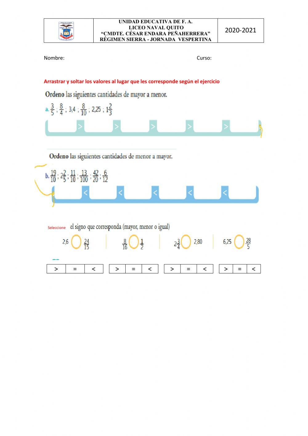 Relacion de Naturales decimales y fracciones
