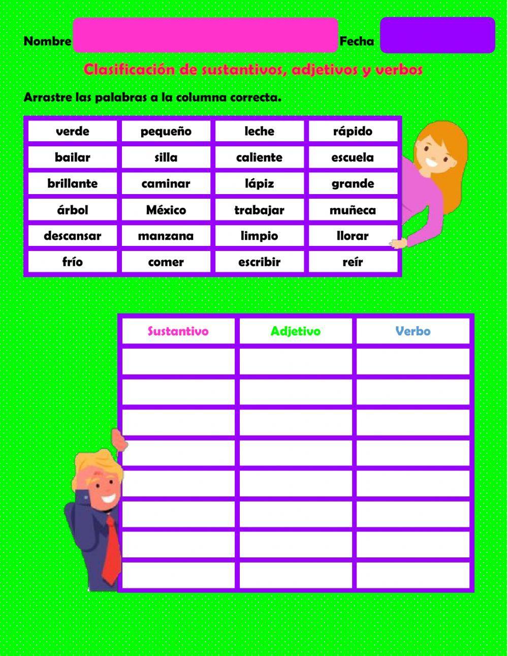 Clasificación de sustantivos, adjetivos y verbos