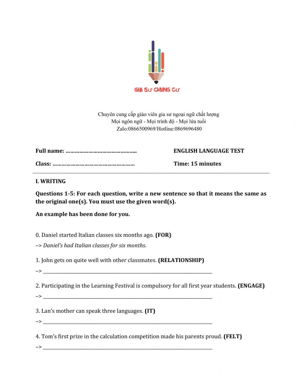 Lớp 11 - Kiểm tra 15 phút - Kỹ năng Viết + Ngữ pháp số 1