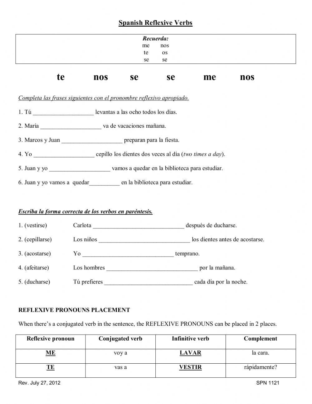 Pronombres reflexivos placement