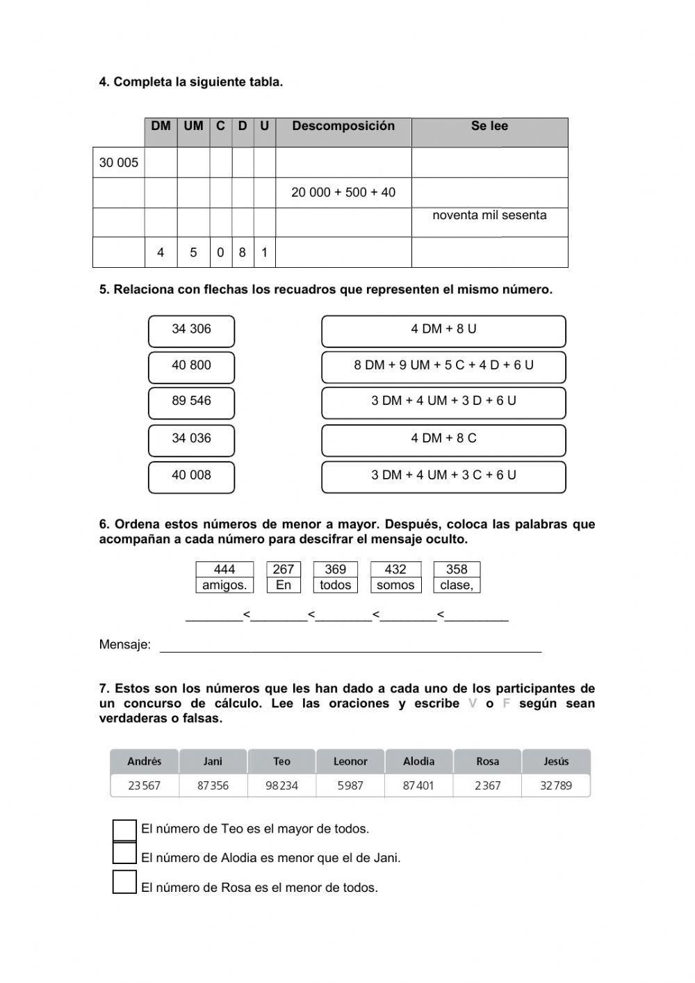 Números de hasta cinco cifras