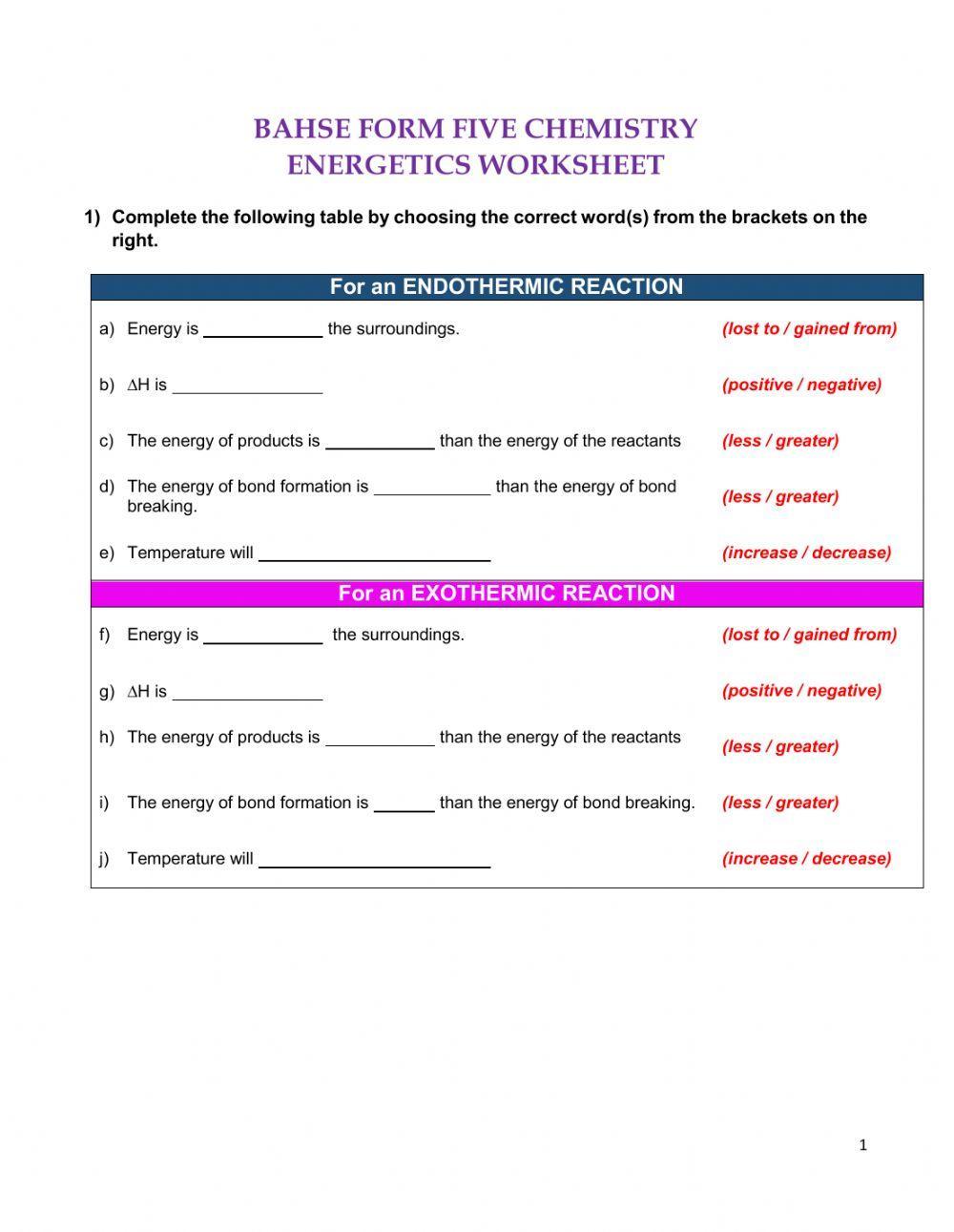 Energetics Worksheet