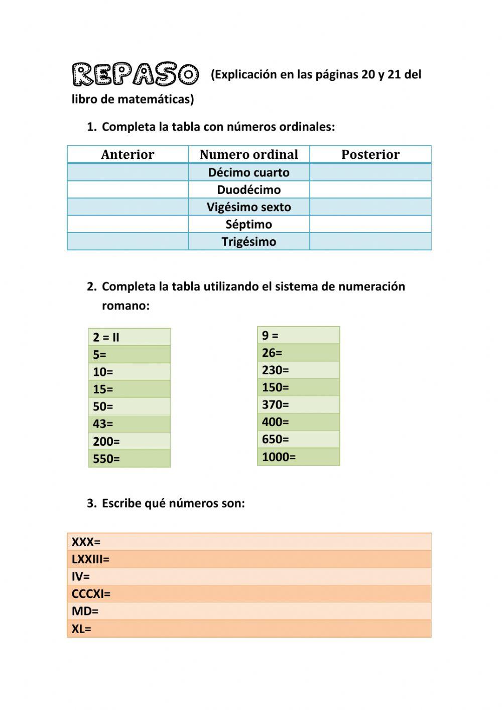Repaso números ordinales y romanos