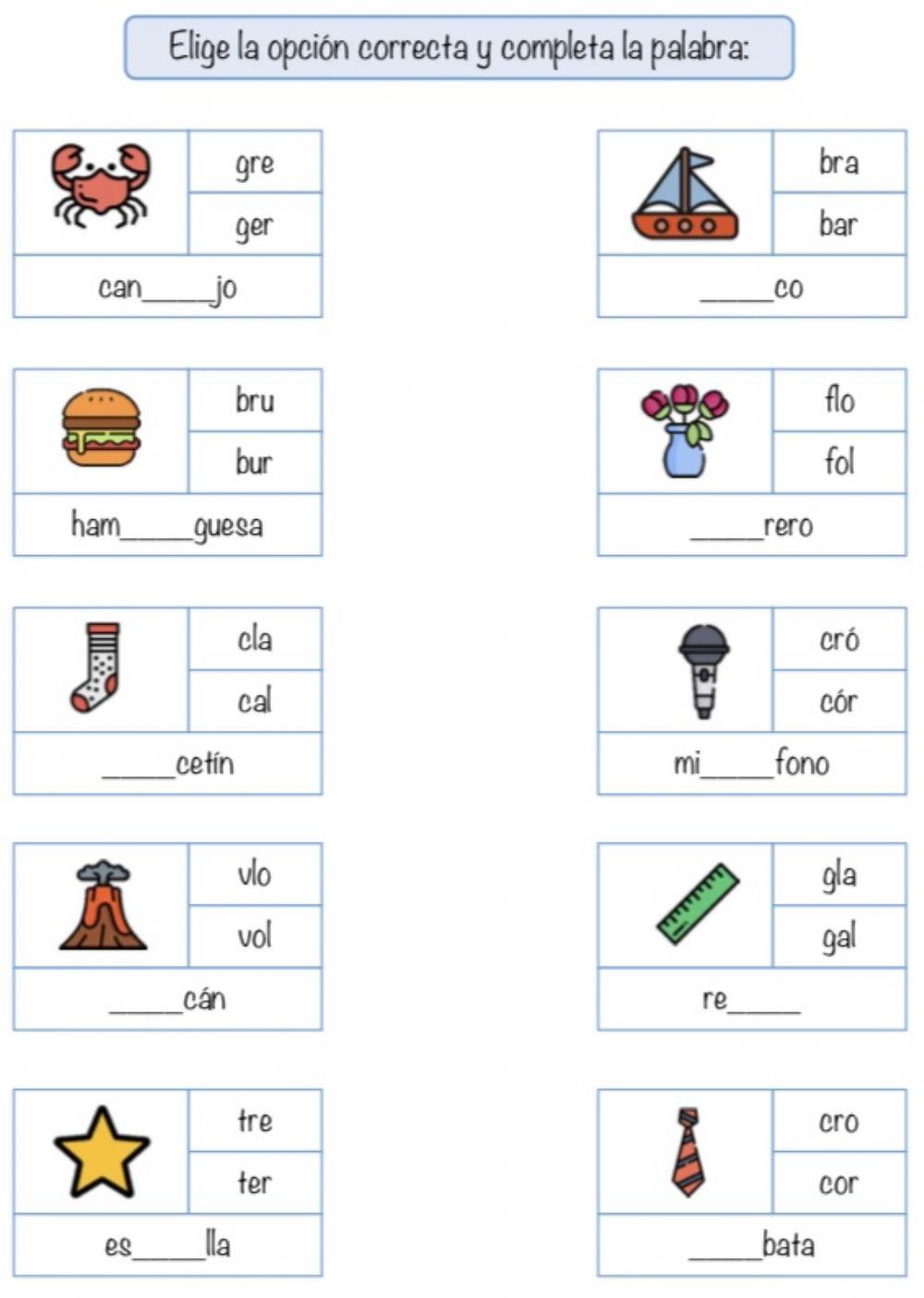 Encuentra la sílaba que falta y escríbela