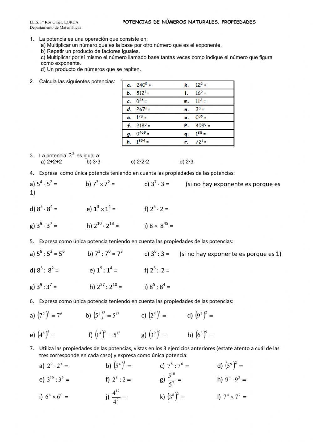 Potencias nº naturales. Propiedades