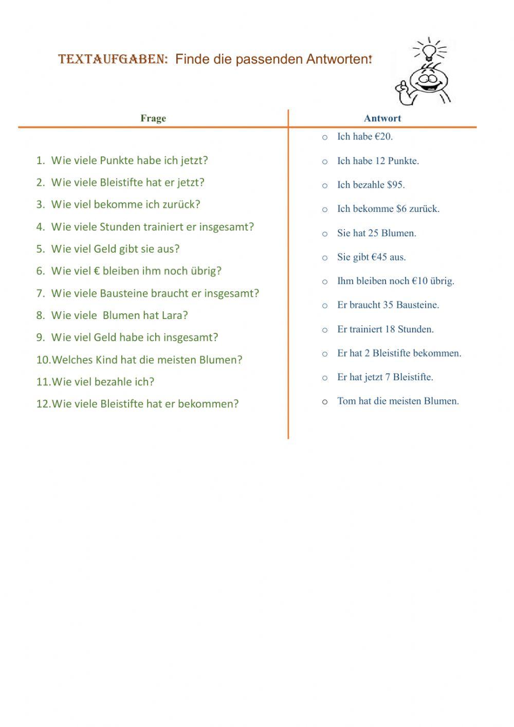 Wie antwortet man auf Textaufgaben? worksheet Live Worksheets