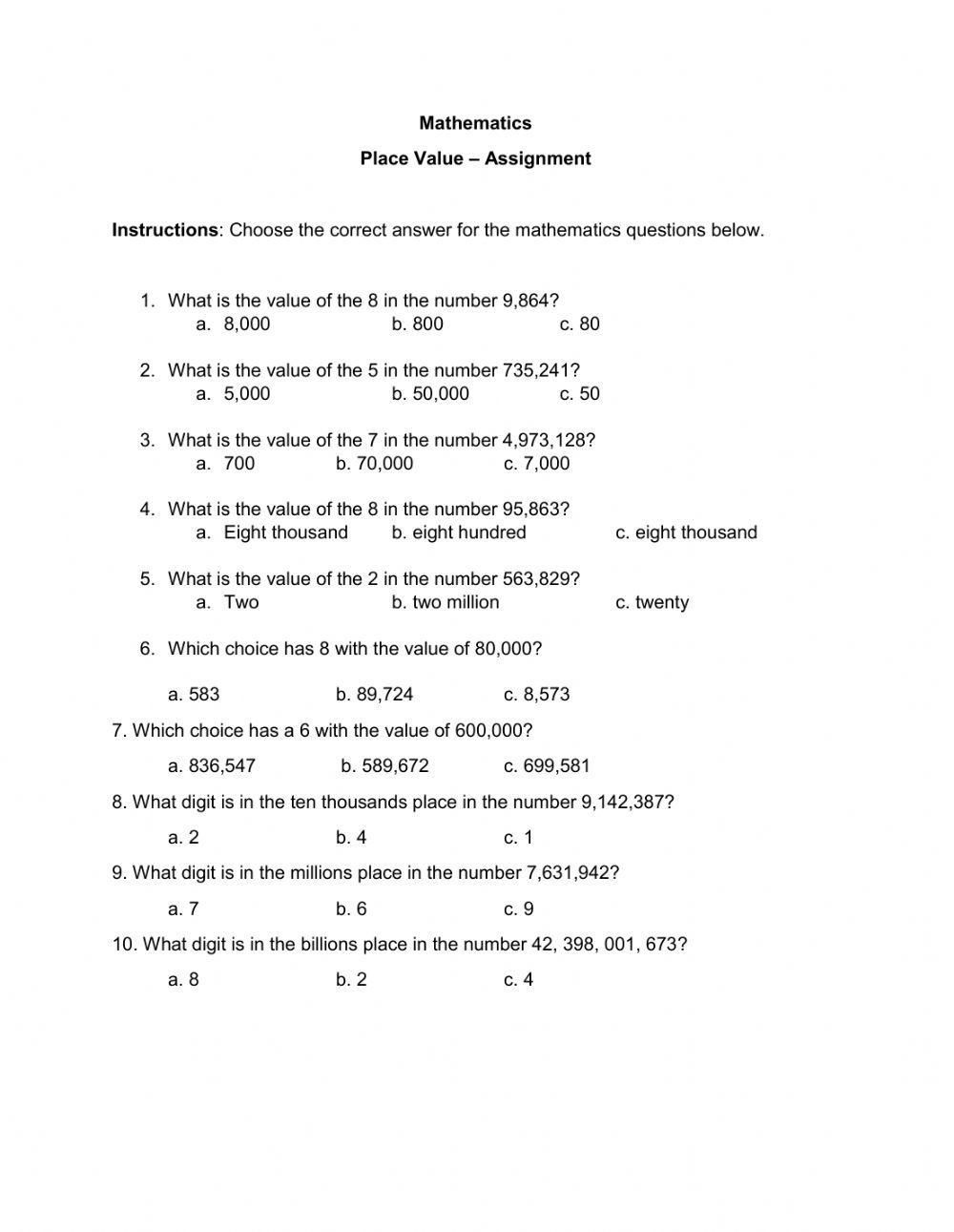 Place Value to the Billions