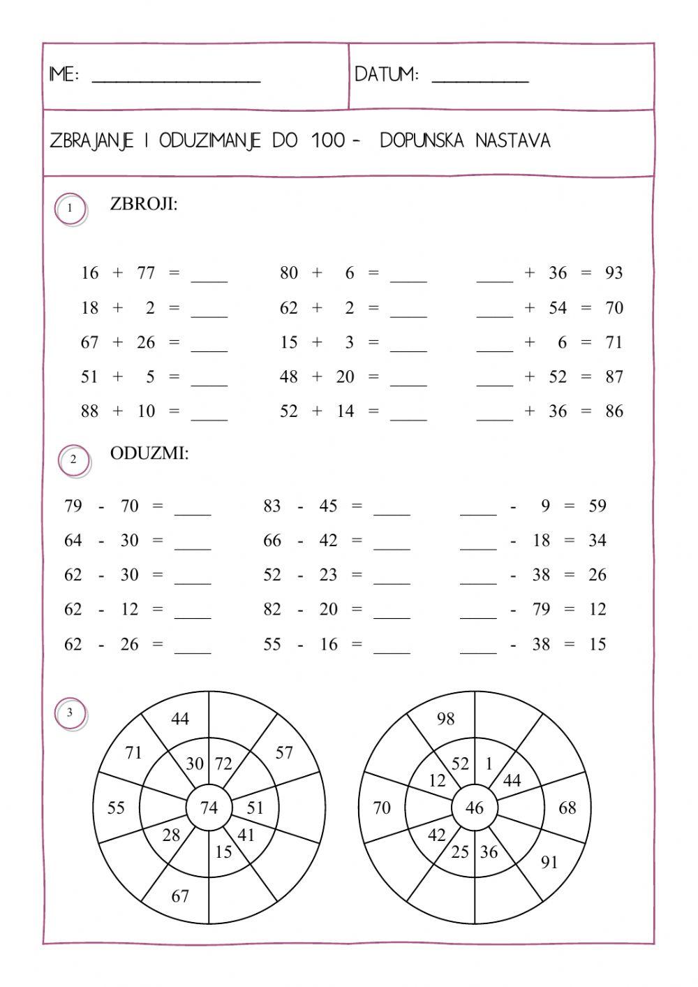 Zbrajanje I Oduzimanje Do 100 Online Exercise For Live Worksheets Zbrajanje I Oduzimanje Do 100 Online Exercise For Live Worksheets