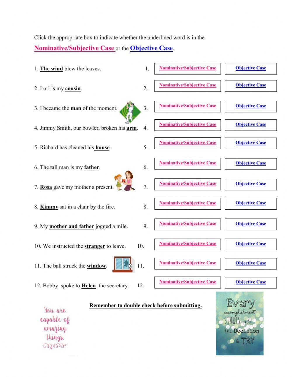 Nouns Nominative And Objective Case Worksheet Live Worksheets