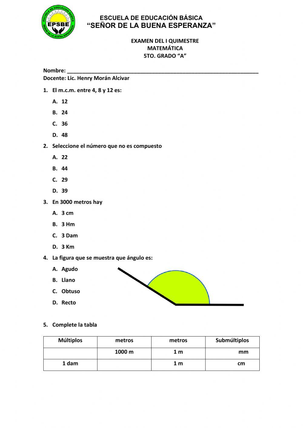 Examen Quimestral Quinto