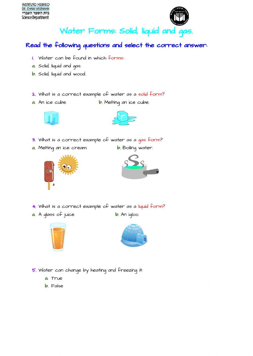 Water forms solid liquid and gas online exercise for live worksheets