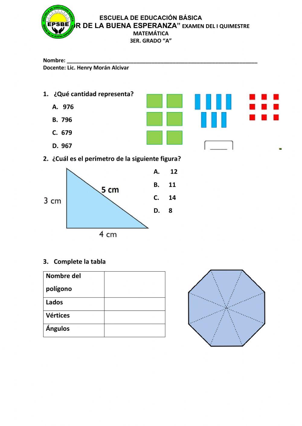 Examen Quimestral Tercero