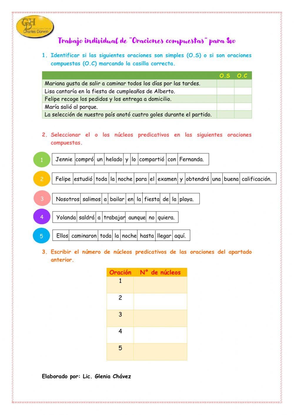 Trabajo individual de “Oraciones compuestas” para 8vo