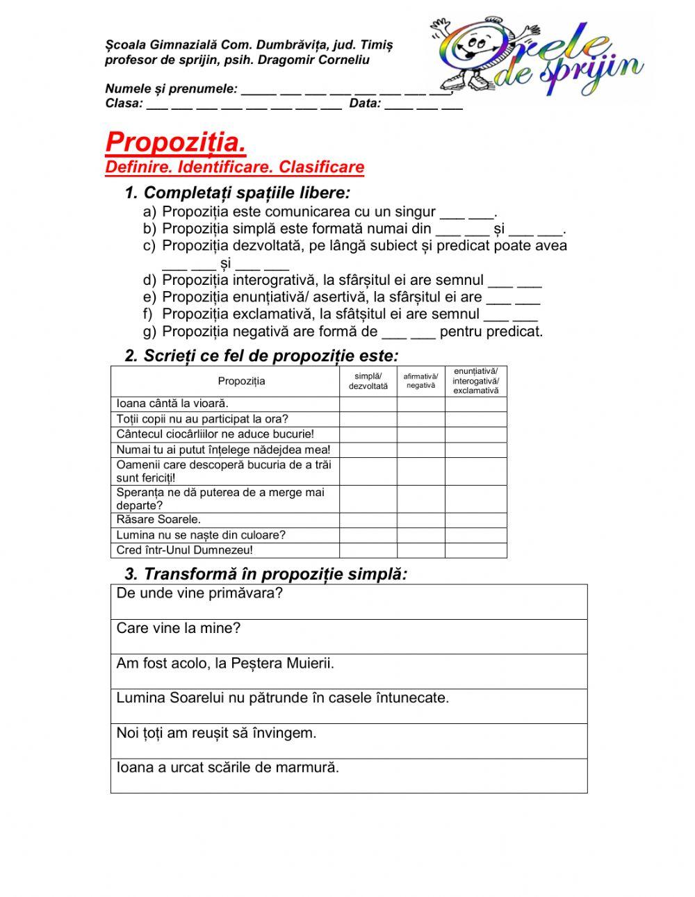 Propoziția- definiție, clasificare, identificare