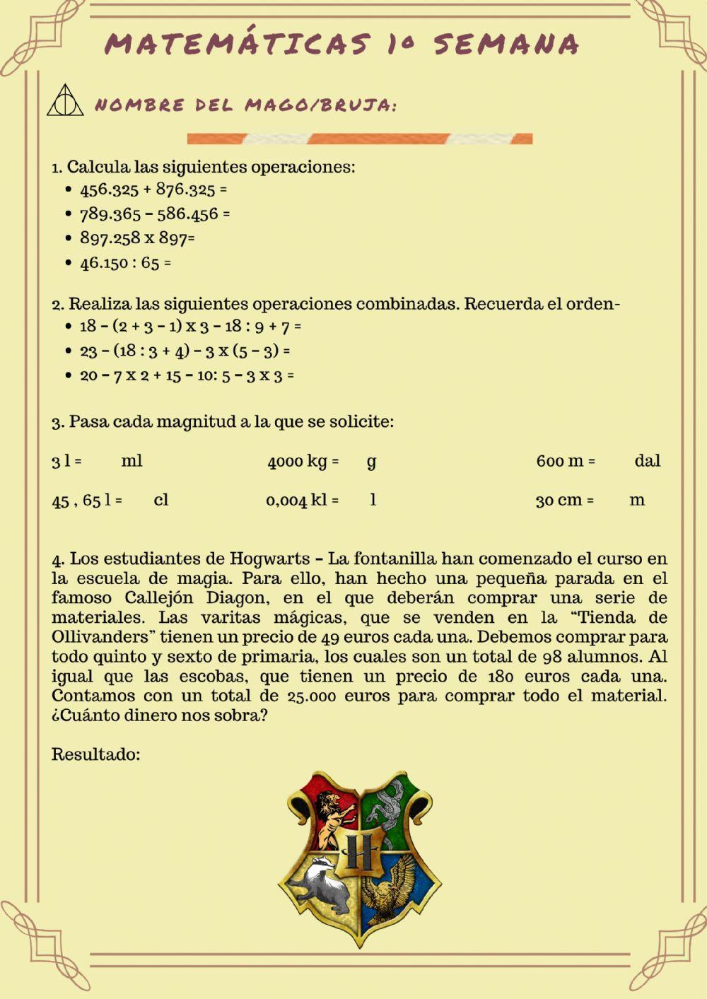 Ficha Harry Potter Matemáticas 1