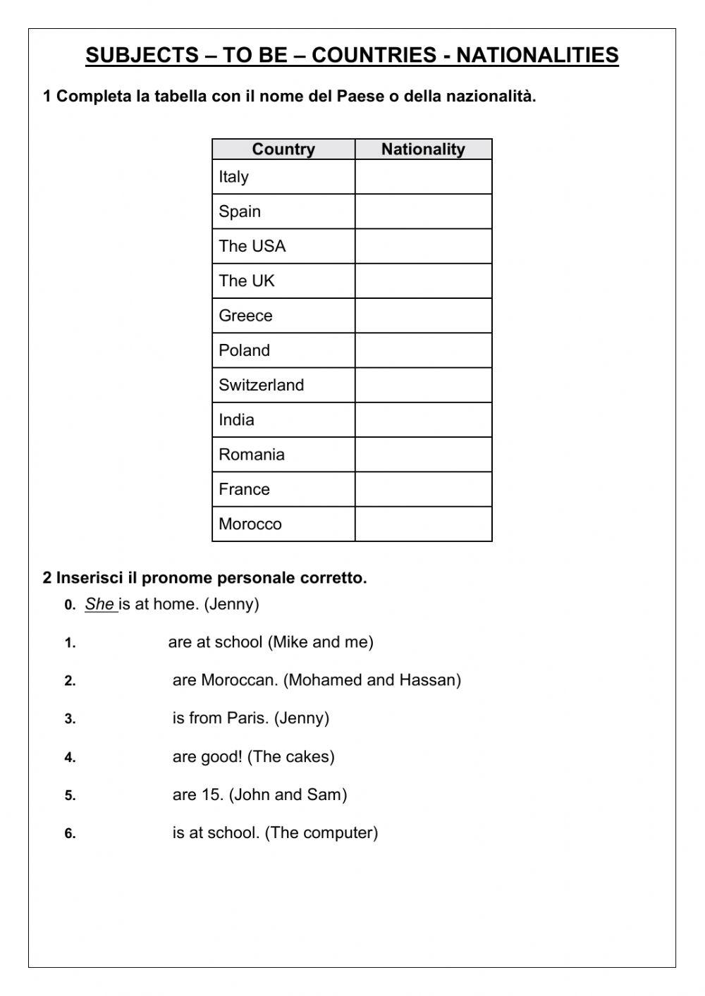 Subjects, to be, countries and nationalities