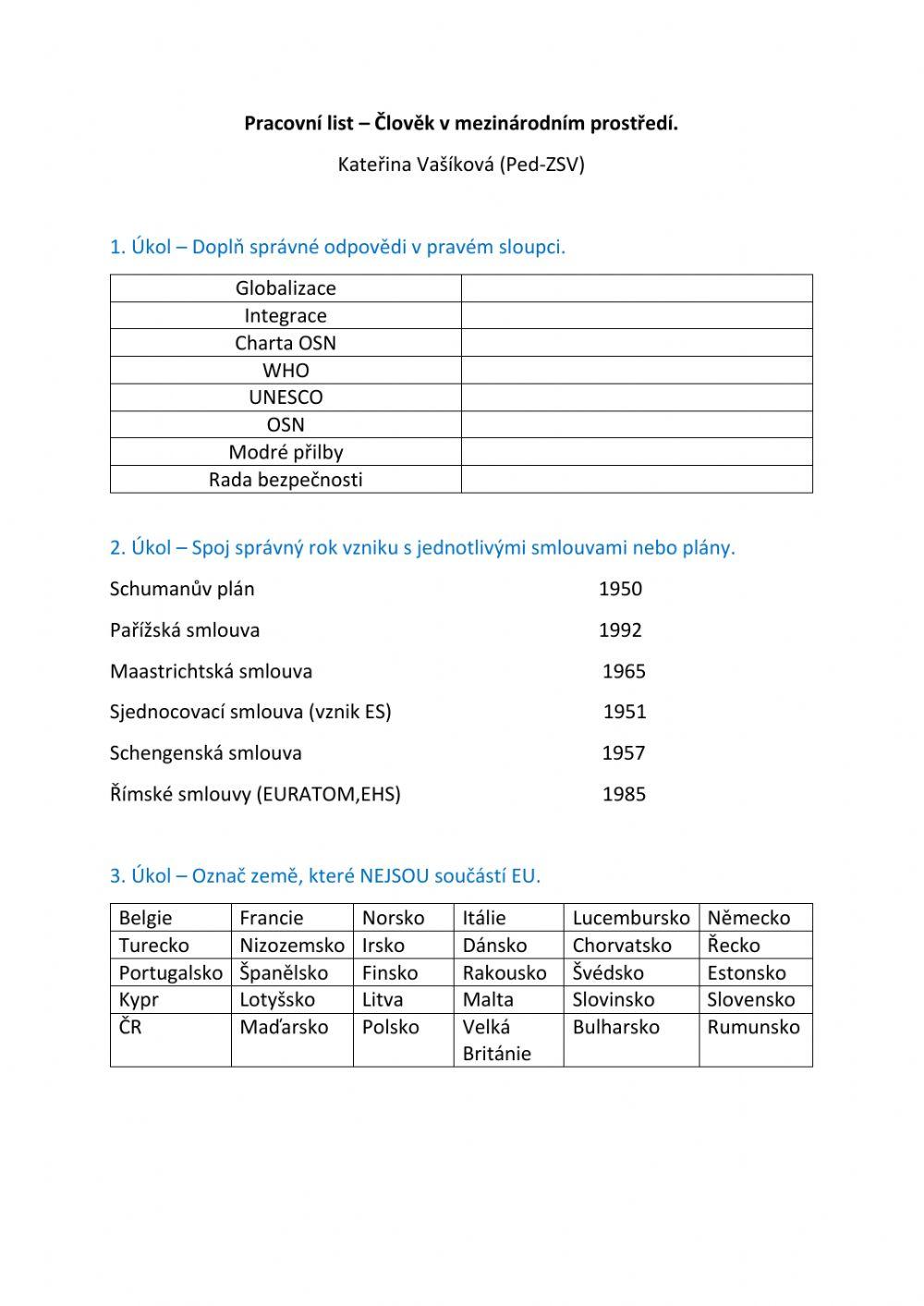 Pracovní list - Člověk v mezinárodním prostředí