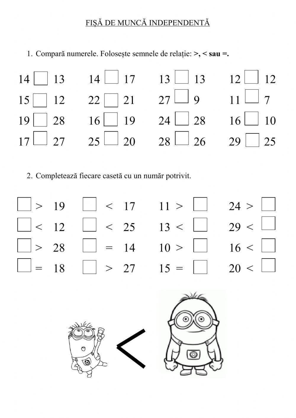 Compararea numerelor de la 0 la 31