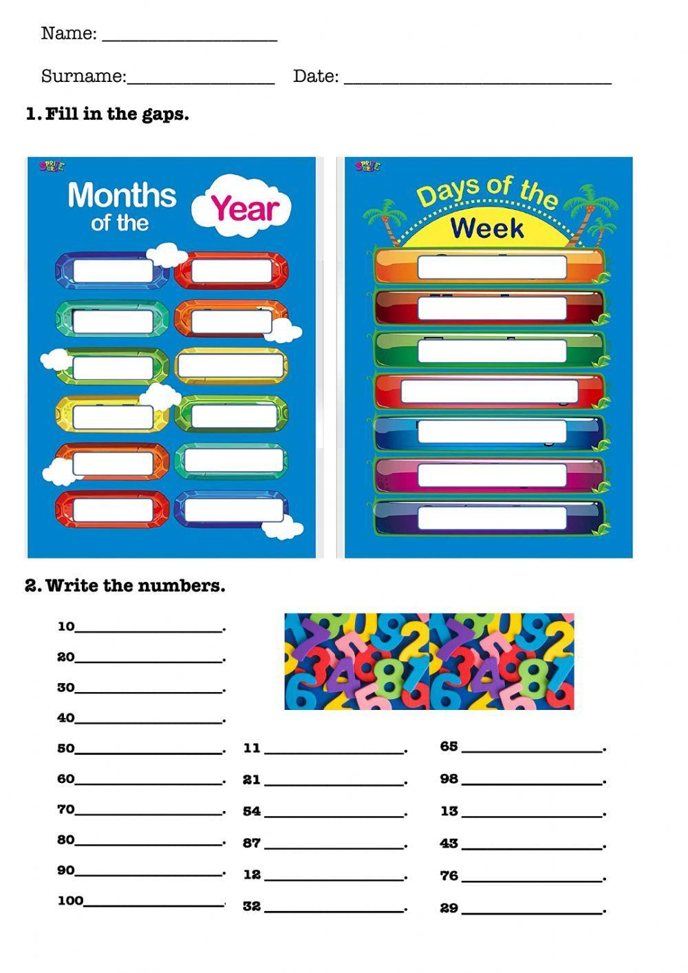 Days of the week months of the year and subjects worksheet live