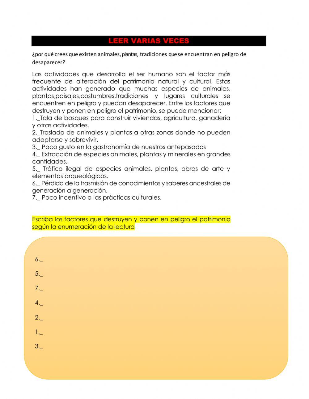 Lectura comprensiva peligros del patrimonio